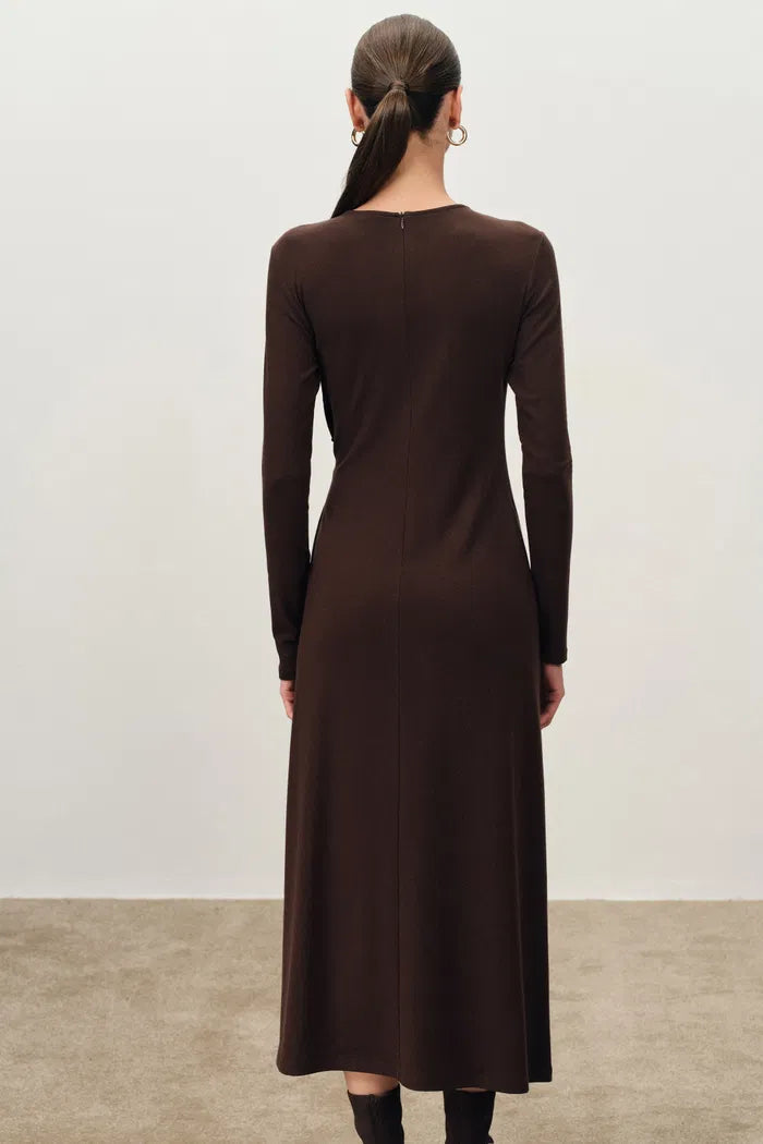 Grace Twisted Drape Long Sleeve Maxi Dress in Tencel-Wool Knit