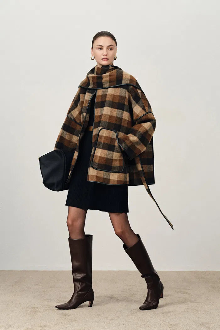 Lycoris Leather Trimmed Short Wool Coat in Merino Wool