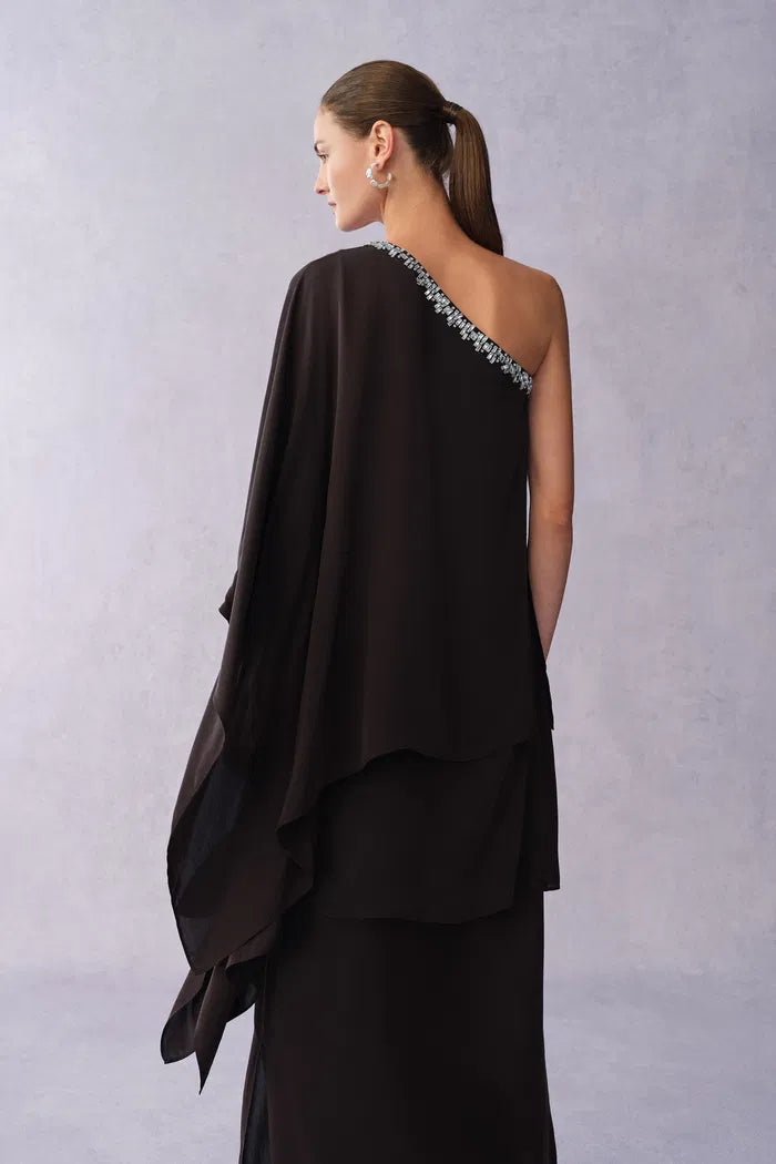 Avis One Shoulder Rhinestone Maxi Dress in Wrinkle Resistant Matte Satin