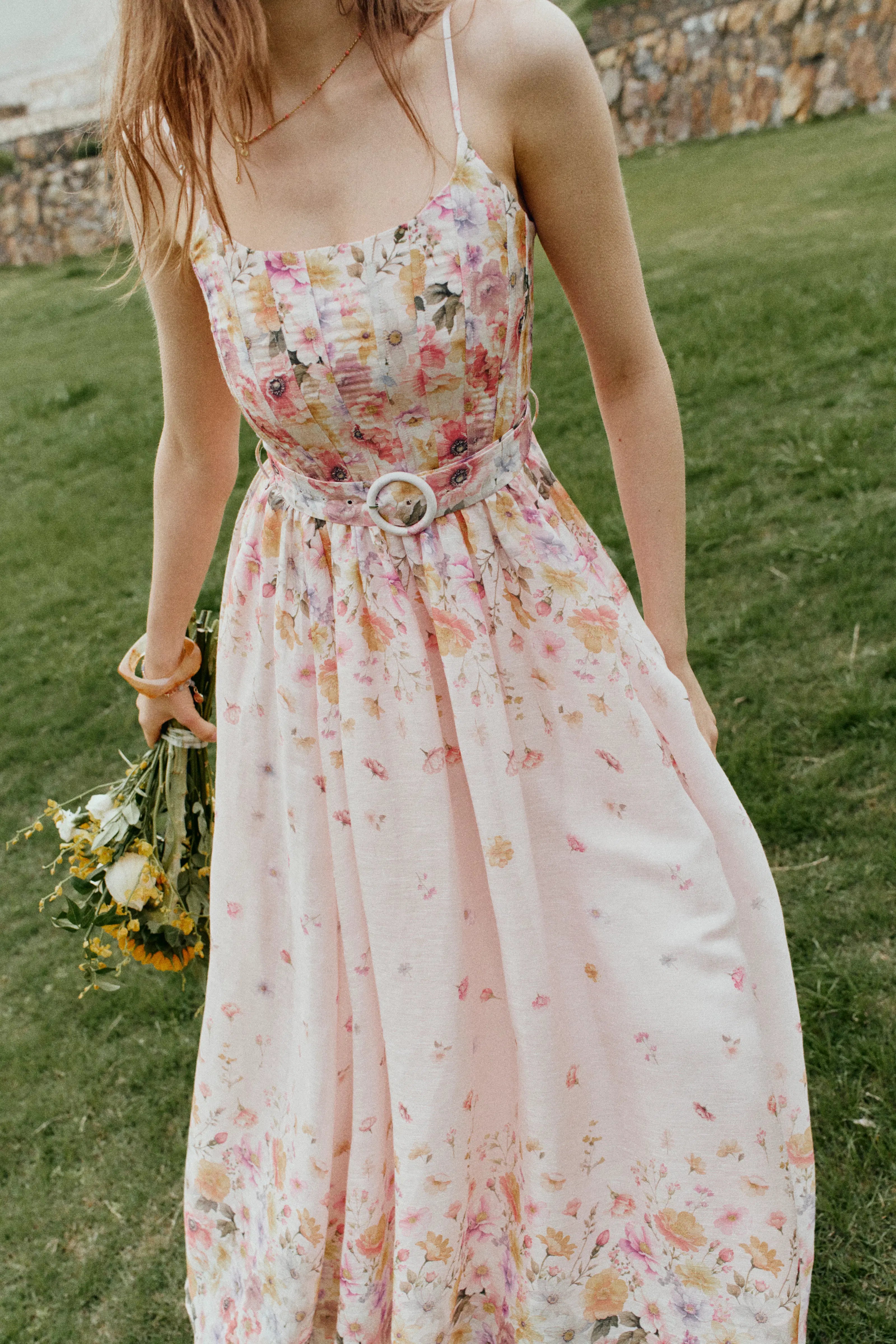 Lilac Handpainted Floral Smocked Belted Strap Dress in Silk Linen Organza XS/P
