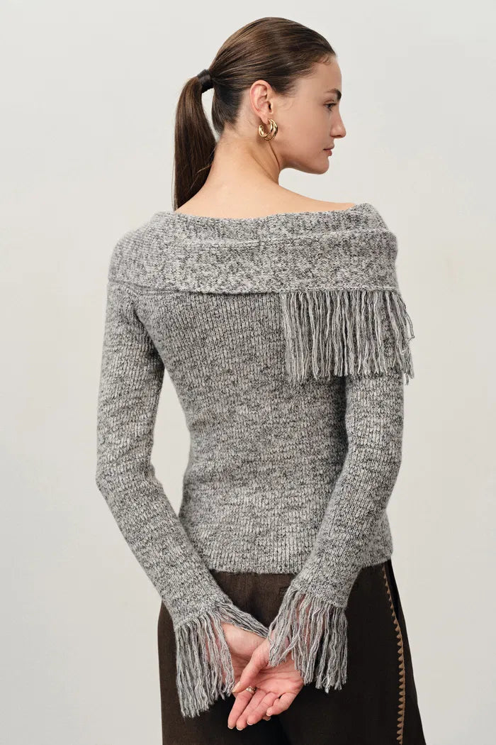 Luna Cold Shoulder Floral Tulle Tassel Sweater in Merino