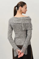 Luna Cold Shoulder Floral Tulle Tassel Sweater in Merino Wool