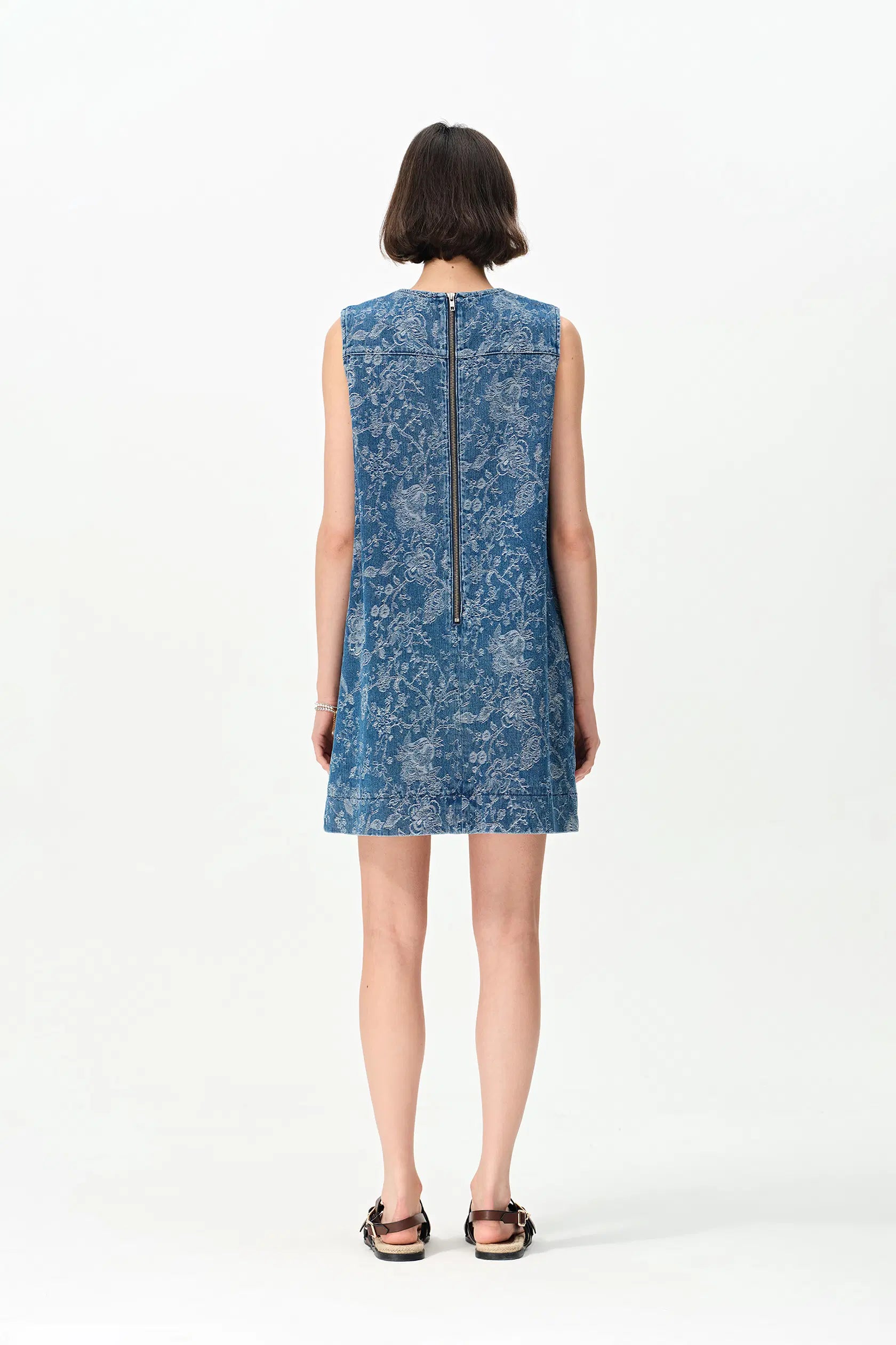 Iris Flora Laserwork Round Neck Short Dress in Cotton Denim XS
