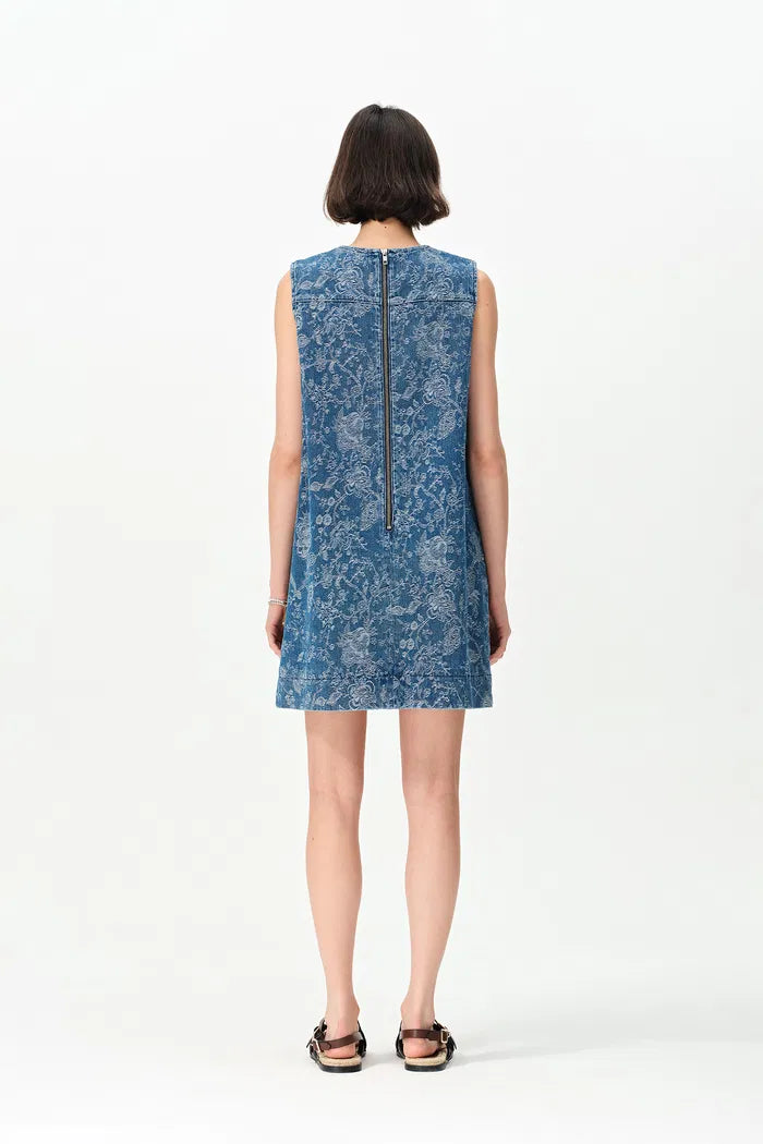 Iris Flora Laserwork Round Neck Short Dress in Cotton Denim