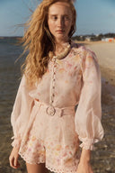 Lillian Handbemaltes Blumenstickerei-Set aus transparenter Ombré-Print-Bluse und Shorts aus Seiden-Leinen-Organza