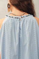 Hazel Boho Embroidery Jacquard Halterneck Sleeveless Top in Cotton