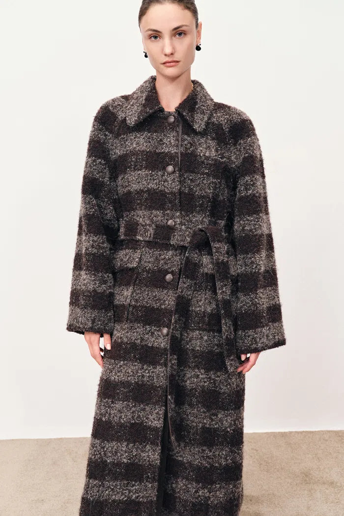 Camila Leatehr Accent Checkered Coat in Bouclé Wool