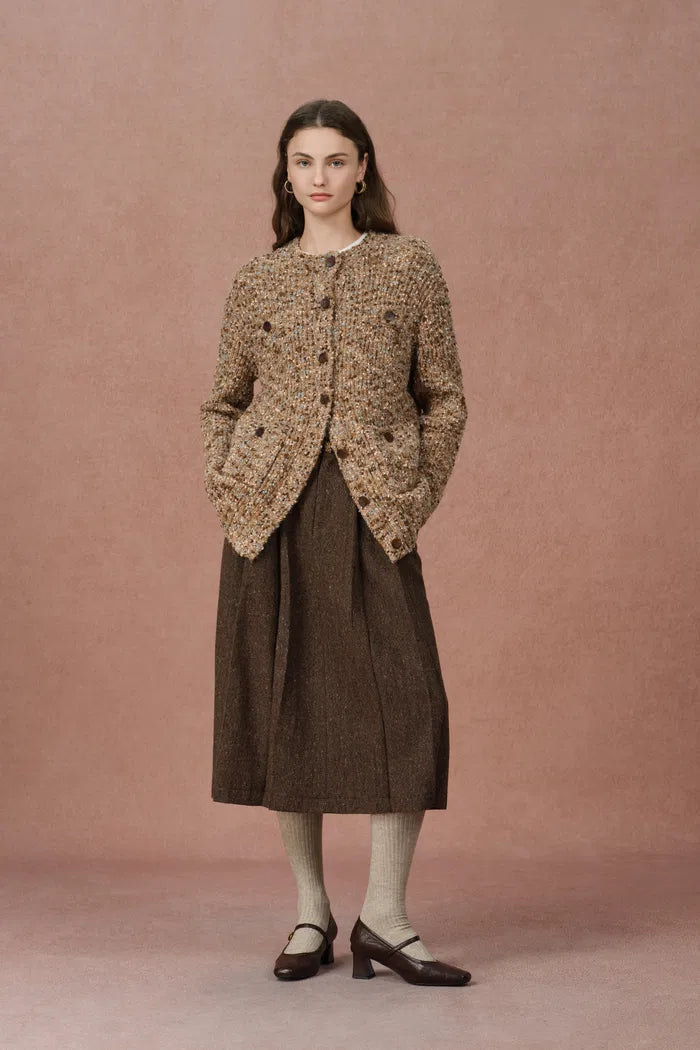 Sade Dotted Longer Sleeve Cardigan in Wool Bouclé Yarn Knit