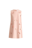 Luminere Beaded Floral Applique Sleeveless Short Dress in Silk-Wool Satin