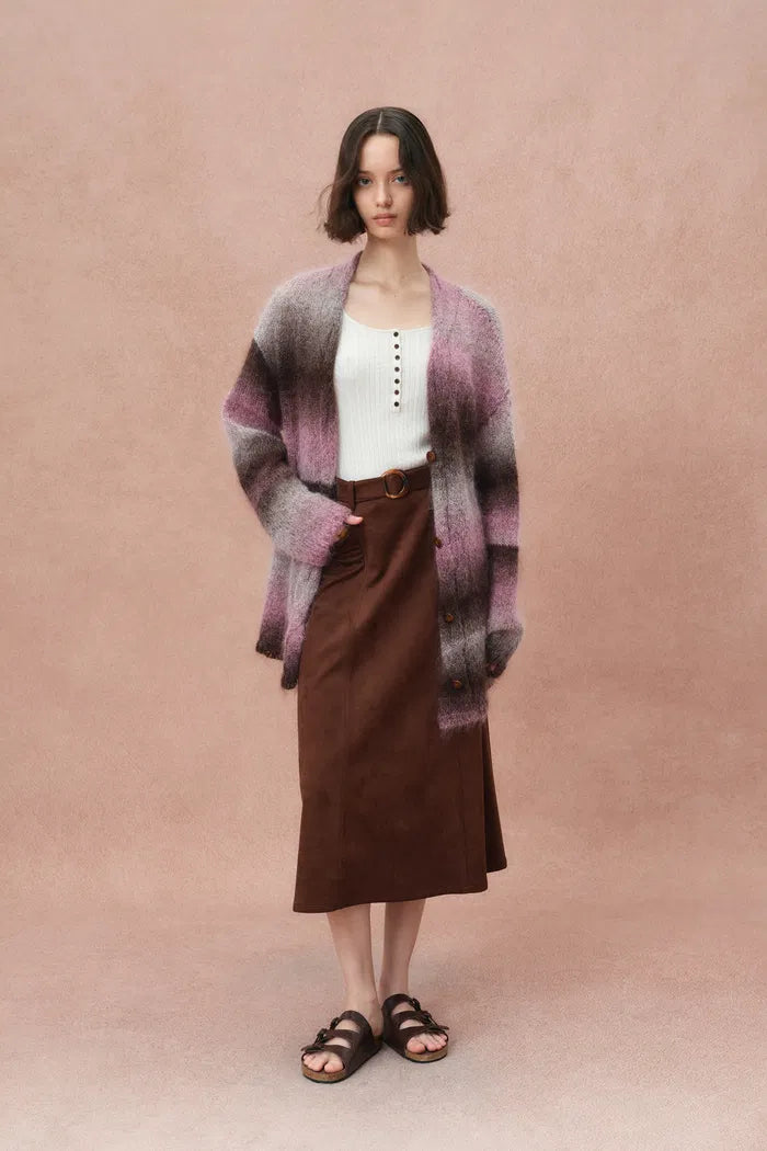 Cara Asymmetric Gradient Striped Cardigan in Space-Dyed Mohair
