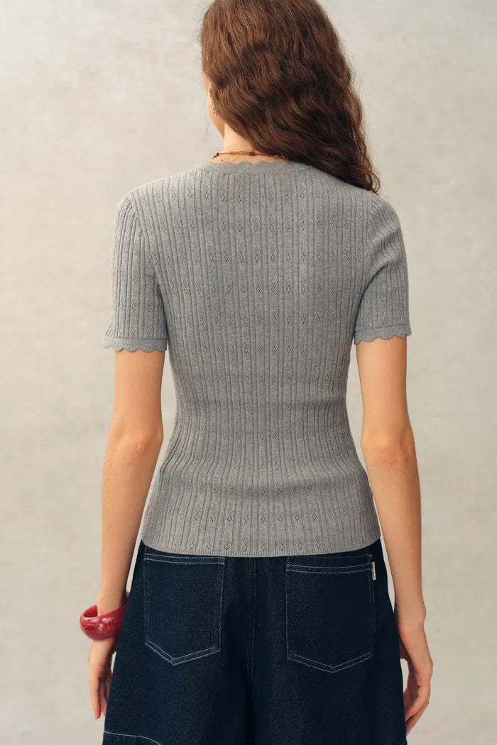Evie V Neck Pointelle Short Sleeve Top in Cotton Knit – fbrq.com