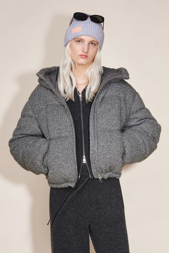 Ethel Hooded Down Jacket in Merino Wool Cable Knit