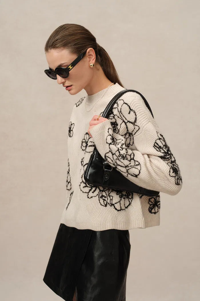 Poppy Embroidered Sweater in Chunky Wool Knit – fbrq.com