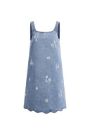 Lulia Blumengesticktes ärmelloses Kleid mit quadratischem Ausschnitt aus leichtem Denim