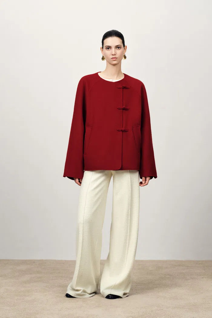 Peony New Mandarin Style Buttoned Short Wool Coat in Merino Wool