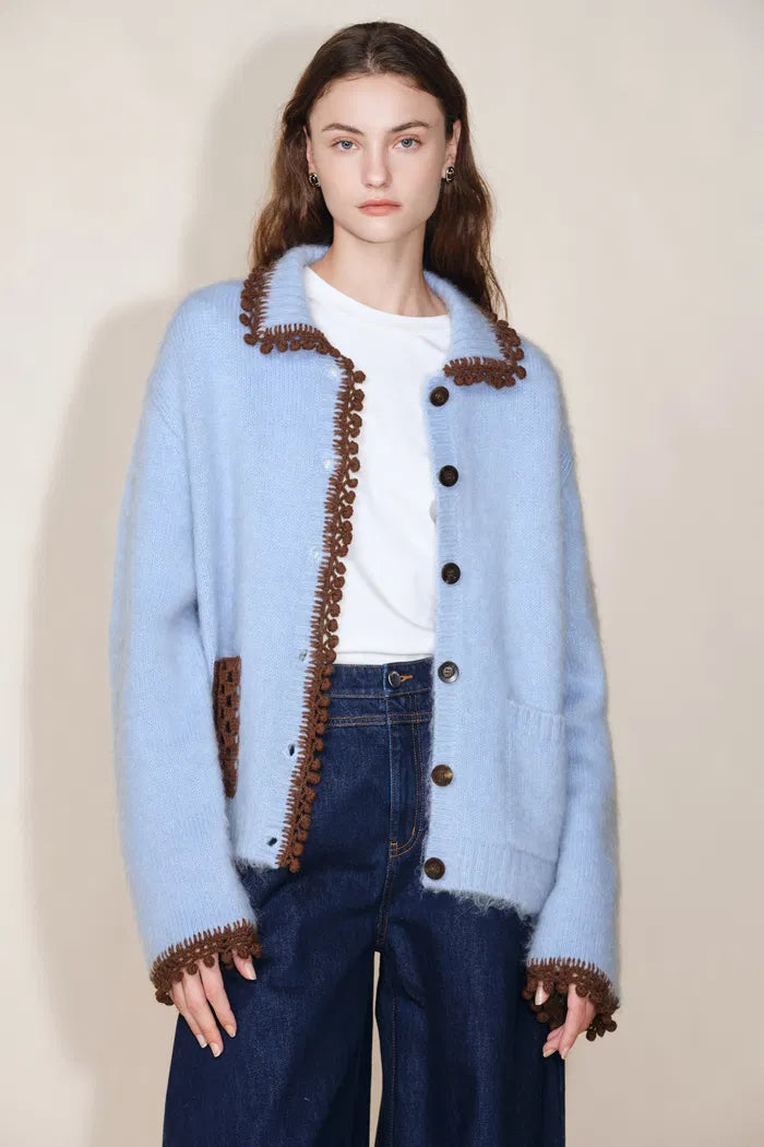 Lvy Hand Crochet Pom Pom Cardigan in Mohair Blend Knit