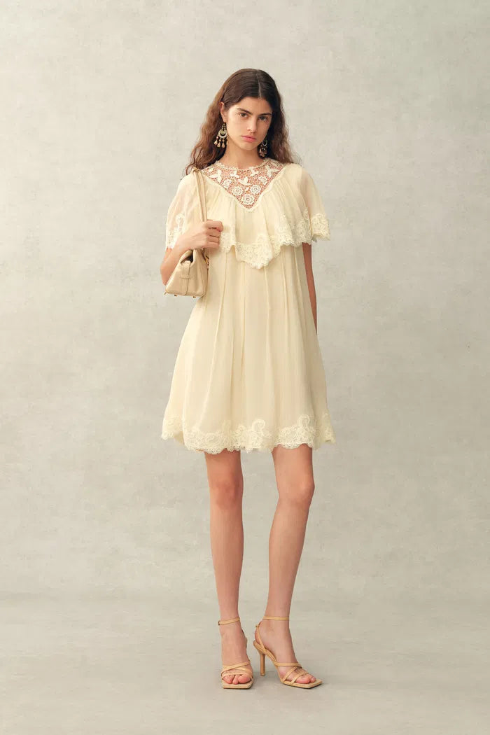 Sophia Lace Embroidery Capelet Short Sleeve Dress in Silk Blend Crinkl –  fbrq.com