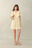 Sophia Lace Embroidery Capelet Short Sleeve Dress in Silk Blend Crinkled Georgette