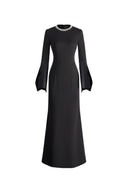 Vestido maxi con cuello de pedrería cosido a mano Nokta en tejido estilo lino