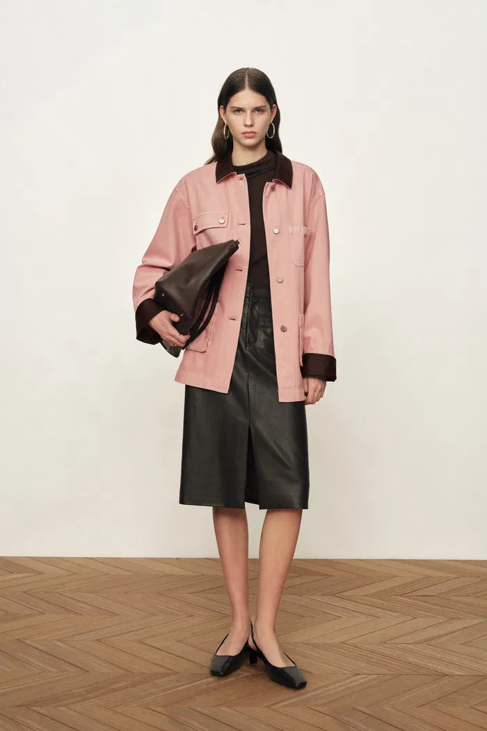 Telmo Dusty Pink Leather Collar Patch Pocket Jacket in Cotton Denim