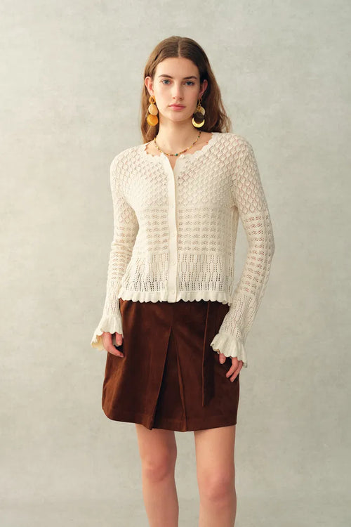 Daisy Ruffle-Trim Cardigan and Skirt Matching Set in Cotton Knit