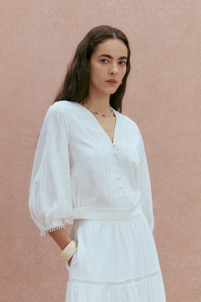 Elli Embroidery Puff Sleeve Blouse Top in Cotton