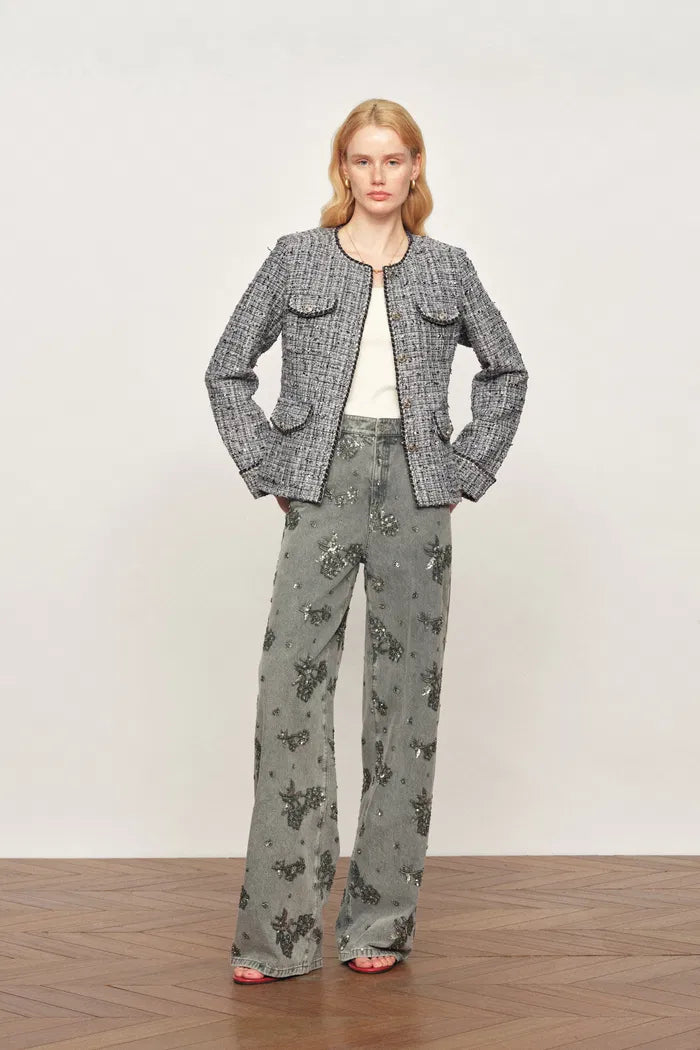 Deauville Hand Woven Trim Crew Neck Tweed Jacket in French Bouclé