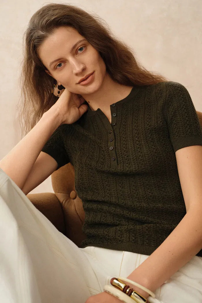 Zofia Dark Brown Henley Buttoned Top in Merino Wool