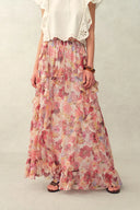 Amélie Hand-Painted Print Ruffle Skirt in Sheer Chiffon