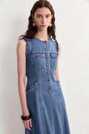 Amelia Schulpjes Geknoopte Getailleerde Midi Jurk in Katoen Linnen Denim