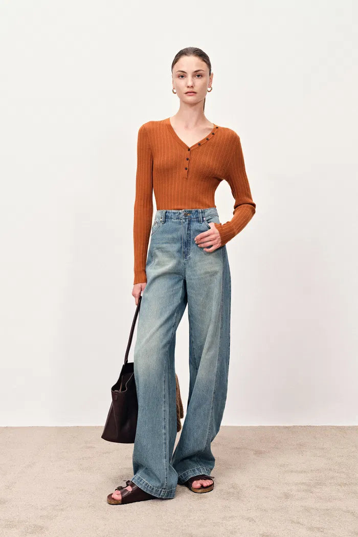 Vivi Henley Top in Stretchy Rib Knit Merino Wool