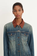 Jennifer Hand Sewn Suede Collar Denim Jacket in Cotton Denim
