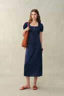 Carole French Style Polka Dot Squre Neck Puff Sleeve Dress in Silk Satin Blend