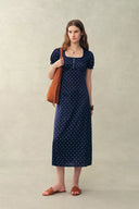 Carole französischer Stil Kleid mit Polka-Dots, quadratischem Ausschnitt und Puffärmeln aus Seiden-Satin-Mischung