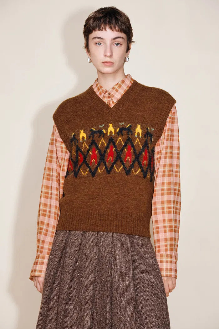 Frou Tribal Art Inspired Fair Isle Sleeveless Vest Top in Wool Alpaca Blend Knit