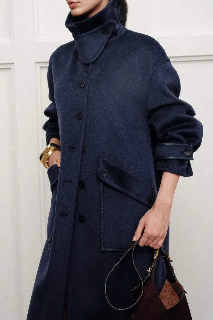 Theo Midnight Blu Trim Coat in Double Face Merino Cashmere