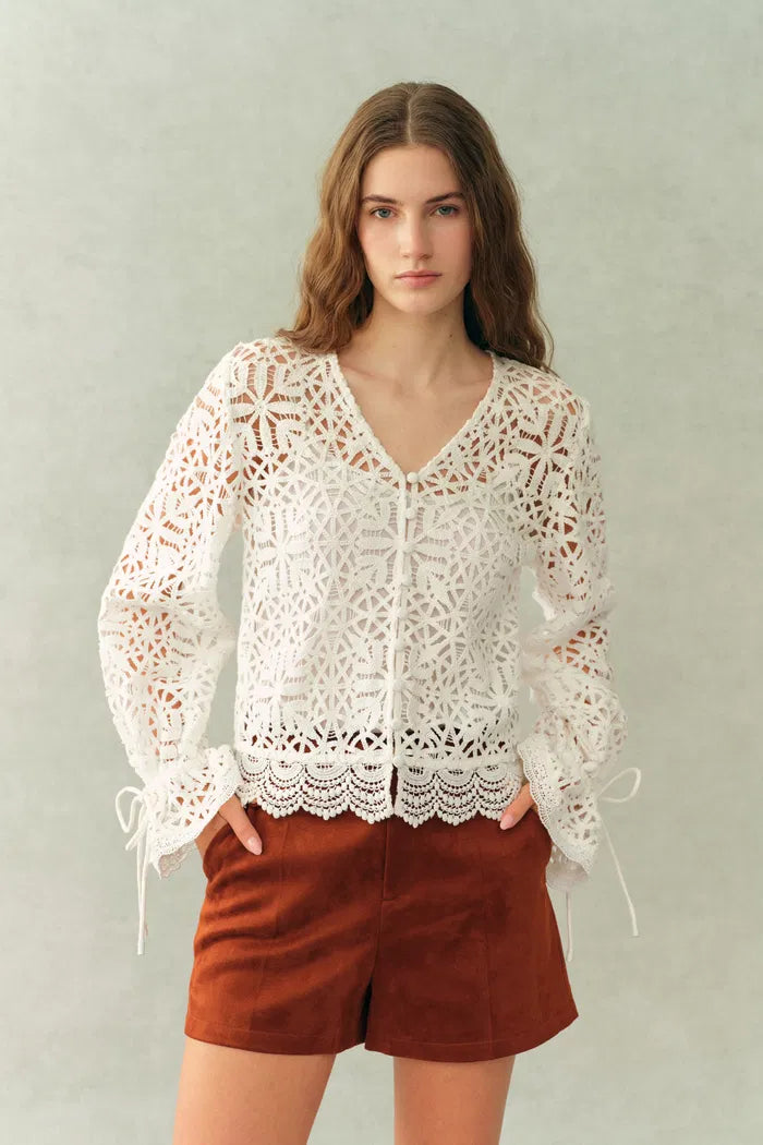 Amara Openwork V neck Cardigan in Cotton Yarn