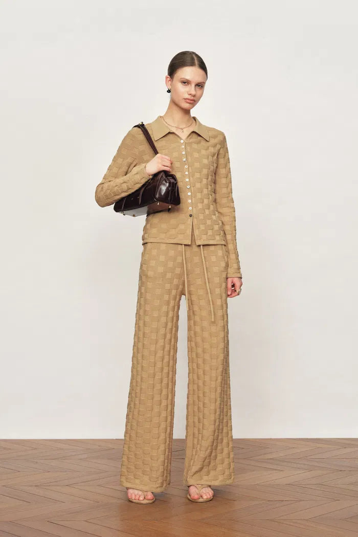 Elowen Plaid Textured Knit Cardigan and Pants in Cotton Blend Knit