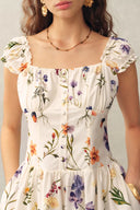 Eliana Handpainted Freesia Ruffle Trim Wide Strap Sleeveless Dress in Silk Cotton Blend