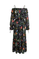 Vestido Granata con estampado pintado a mano y hombros descubiertos en georgette de seda