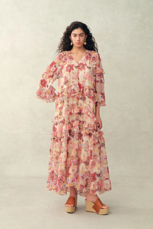 Annette Tiered Ruffle Hand-Painted Print Dress in Sheer Chiffon