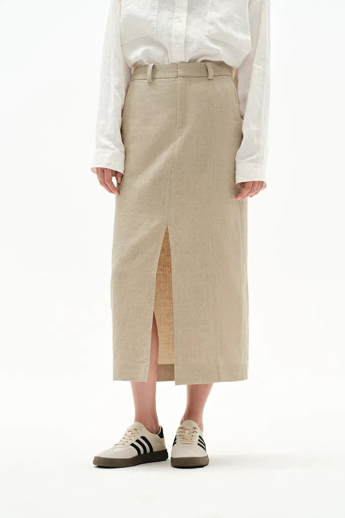 Lauren High Rise Midi Skirt in Dew Retted French Linen