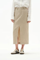 Lauren High Rise Midi Skirt in Dew Retted French Linen