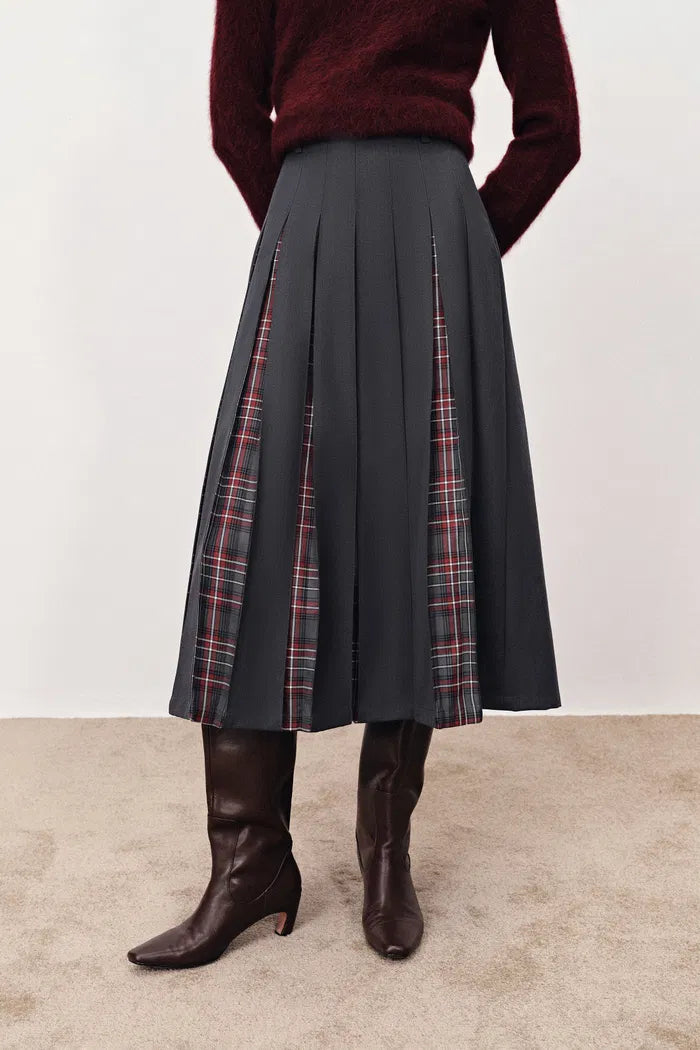 Henrie Pleated Check Maxi Skirt in Fine Wool Blend