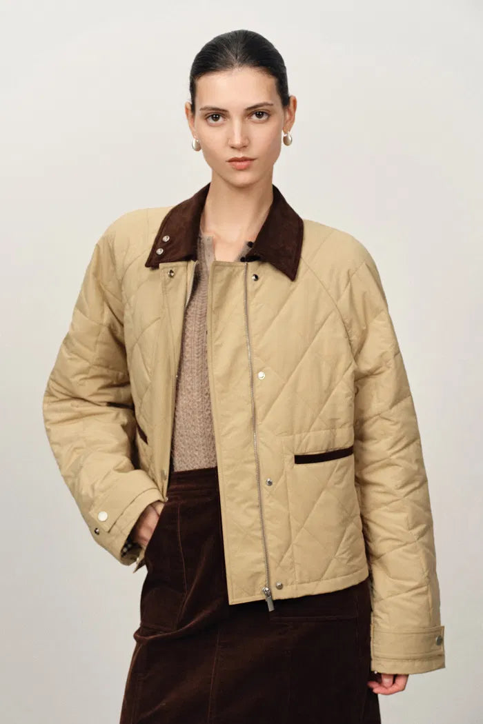 Skye Contrast Collar Cropped Quilted Down Jacket in Water-Resistant Cotton