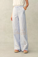 Holly Striped Embroidered Drawstring Wide Leg Pant in Crinkled Cotton