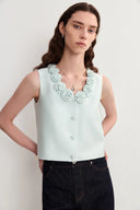 Top Chaleco Floral Hecho a Mano Loira 3D en Satén de Seda-Lana