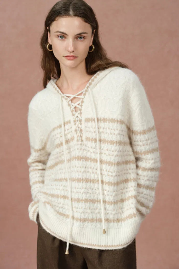 Clara Striped Cable Hoodie Sweater in Wool-Alpaca Blend Knit