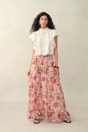 Amélie Hand-Painted Print Ruffle Skirt in Sheer Chiffon