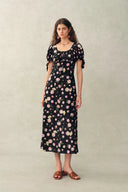 Vestido Manon con Mangas Ajustables y Estampado Floral en Crepé de China de Seda Elástica